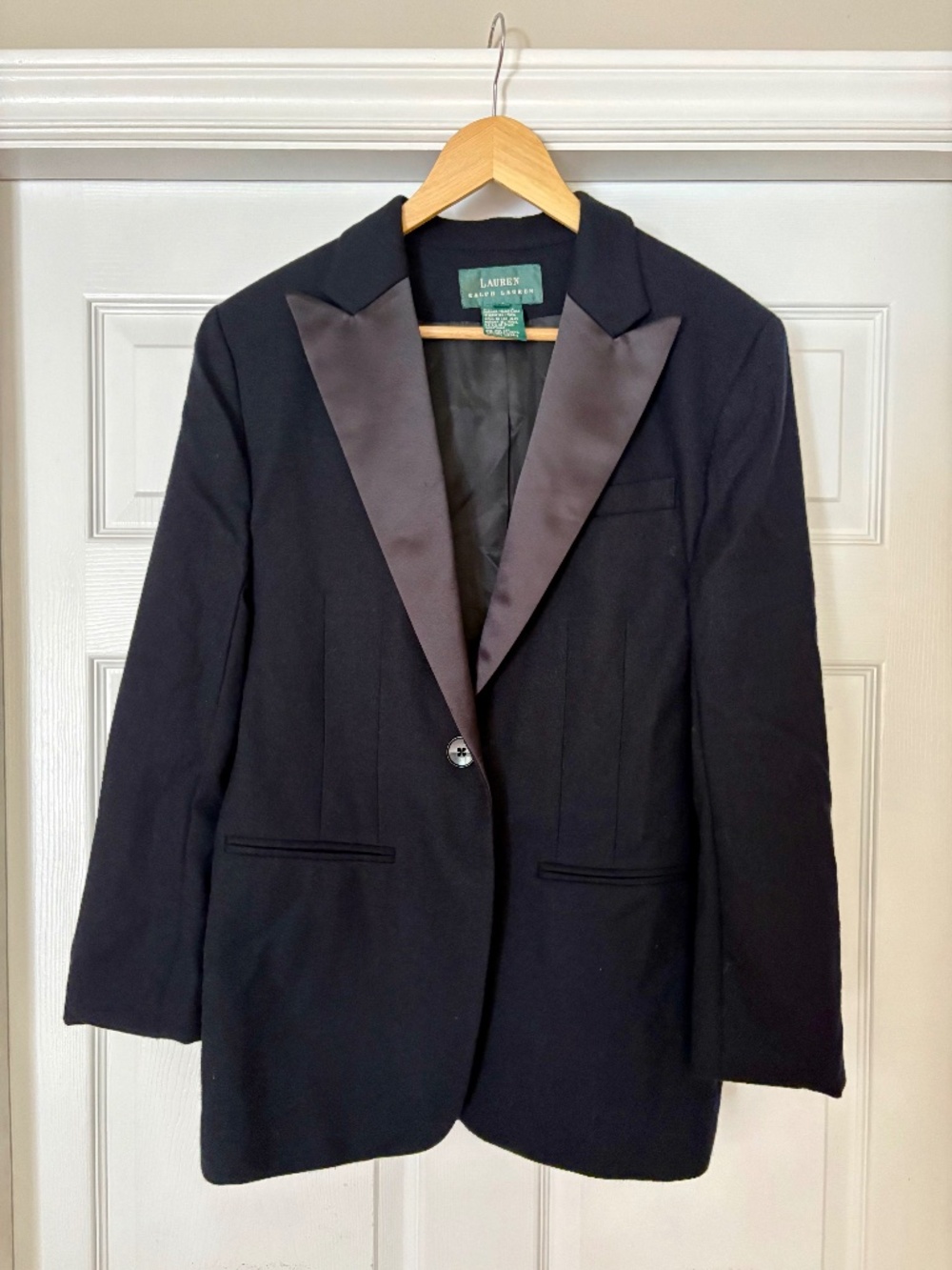 Lauren Ralph Lauren Black Wool Tuxedo Luxury Blazer Satin Lapel Jacket Sz 10